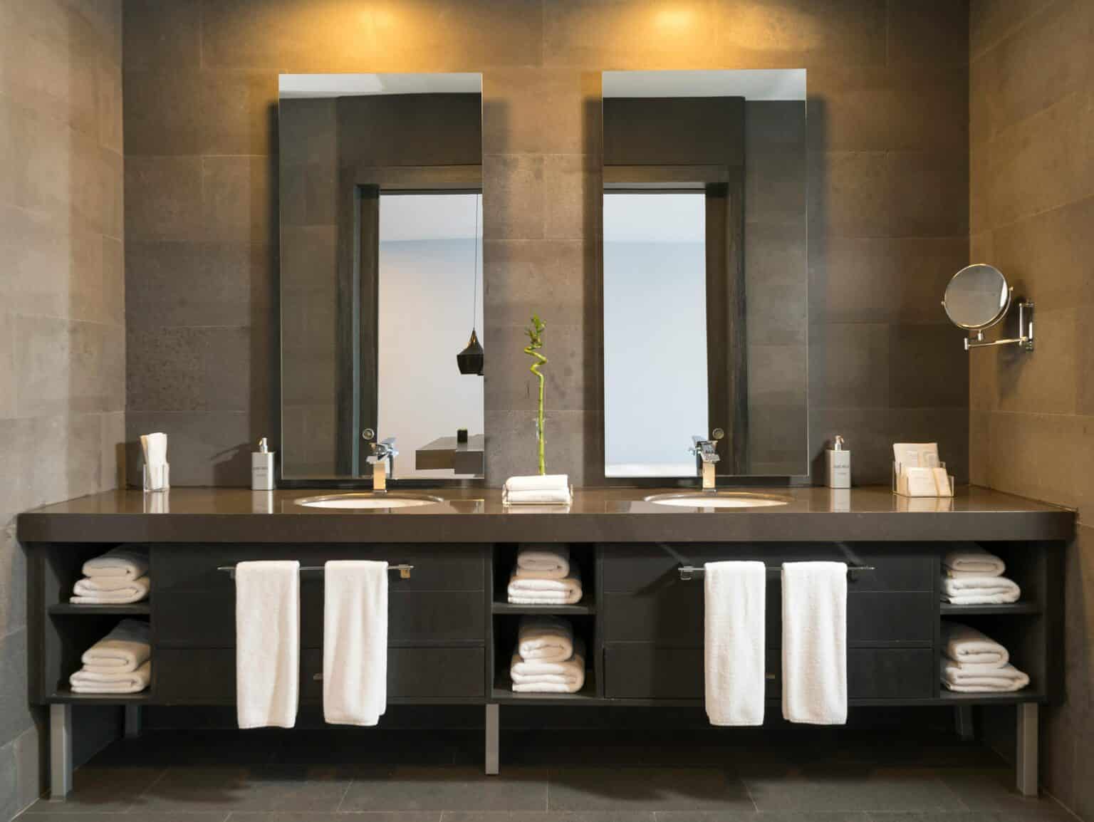 Spa-style bathroom with warm lighting