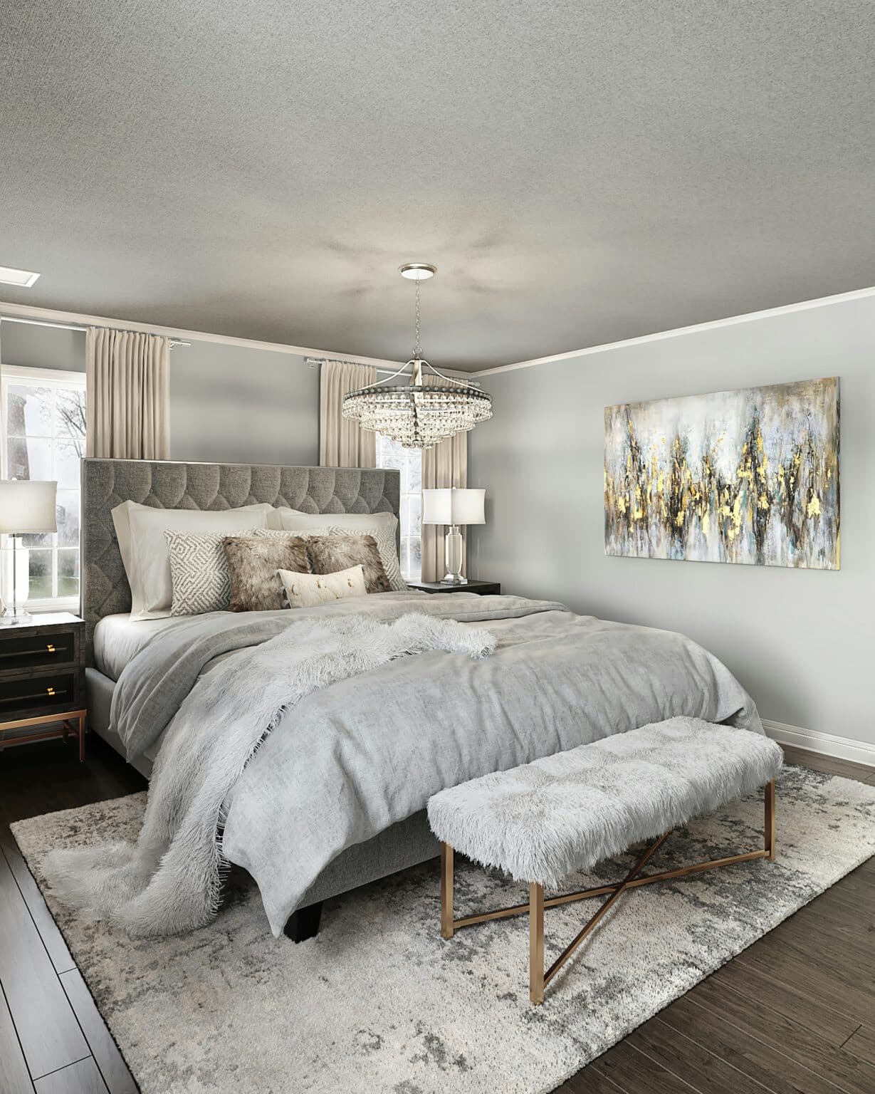 Gray-toned bedroom. House cleaning services in Glastonbury