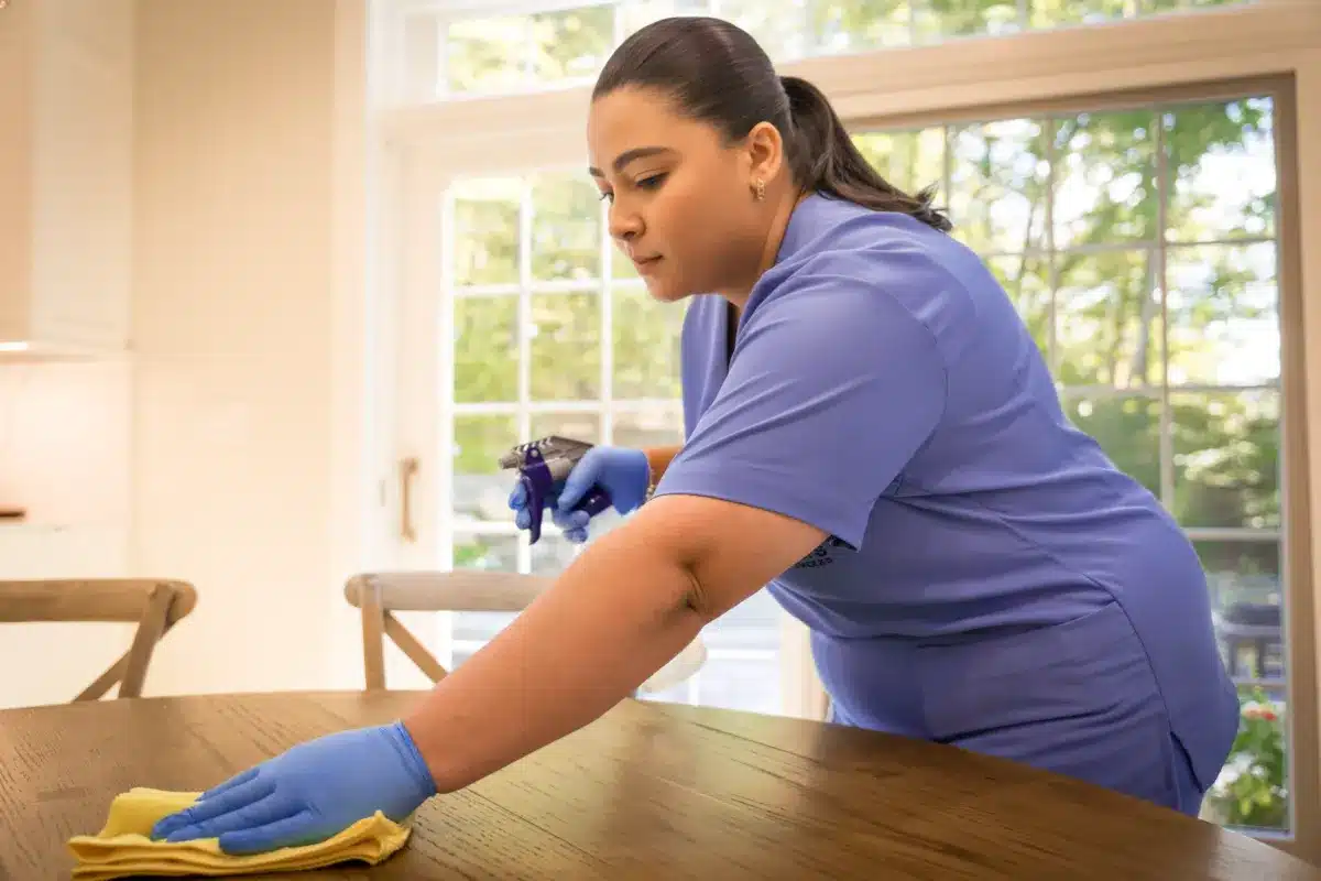 A Family Cleaners team member wiping a wooden dining table in front of a bright window