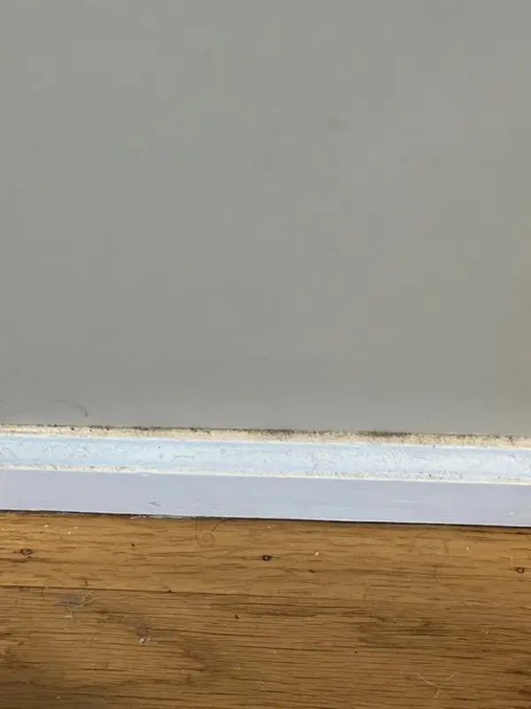 Baseboard with a line of dark grime along the top before deep cleaning