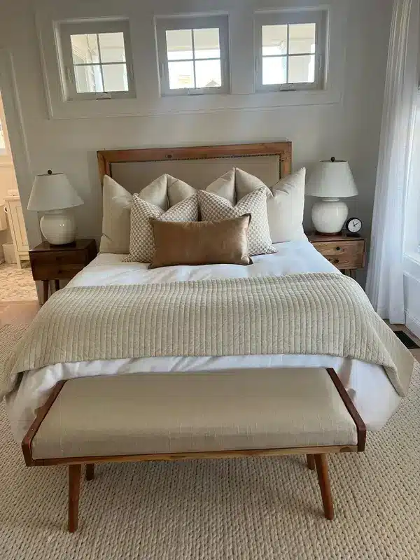 The same bed made with pillows, a throw and a bench, Suffield, CT