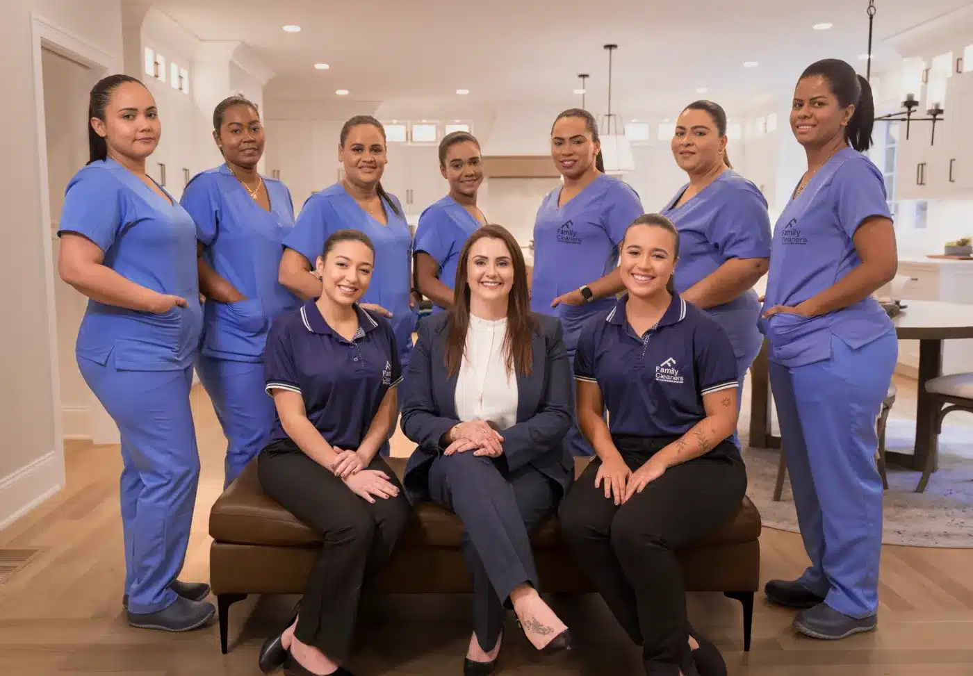 The Family Cleaners team in uniform with CEO Caroline Compiani