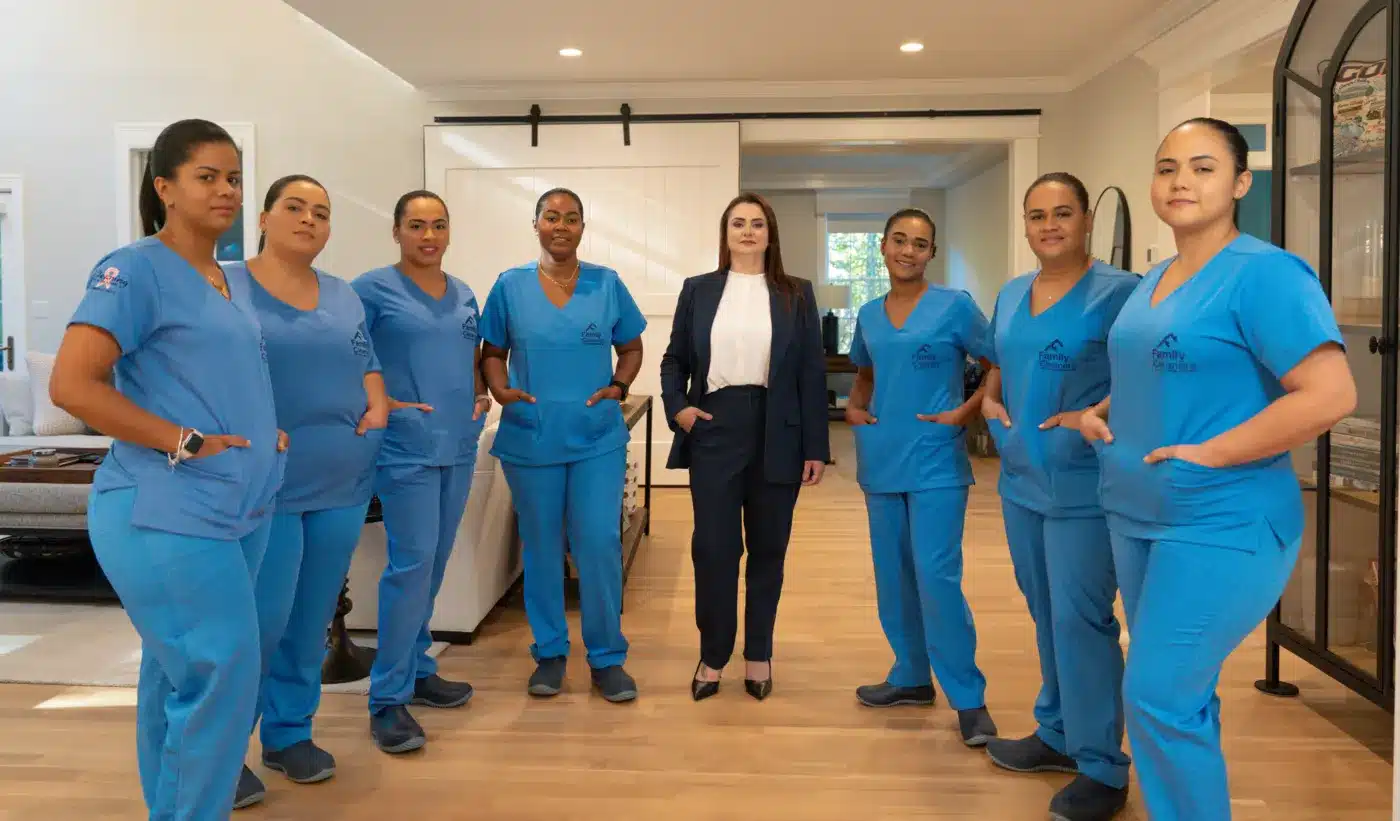 The Family Cleaners cleaning team in blue uniforms with CEO Caroline Compiani in a bright hallway
