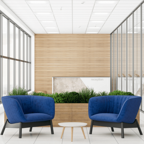 A waiting room in a clean modern office.